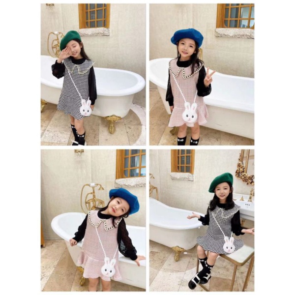 Dress 3in1 Kerah Lebar + Tas  Anak Perempuan