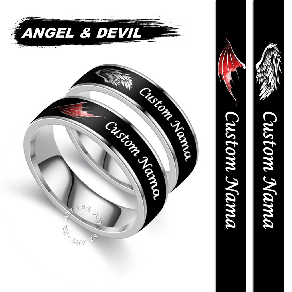 2Pcs CINCIN COUPLE CUSTOM NAMA TEMA PASANGAN SAYAP ANGEL &amp; DEVIL STAINLESS STEEL ANTI KARAT