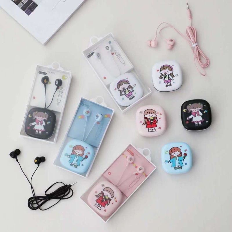 [ YXQ-2 ] Set Headset Earphone karakter motif Flowers series and Girls  LUCU plus + Wadah KOTAK Earphone Motif seri YXQ-2