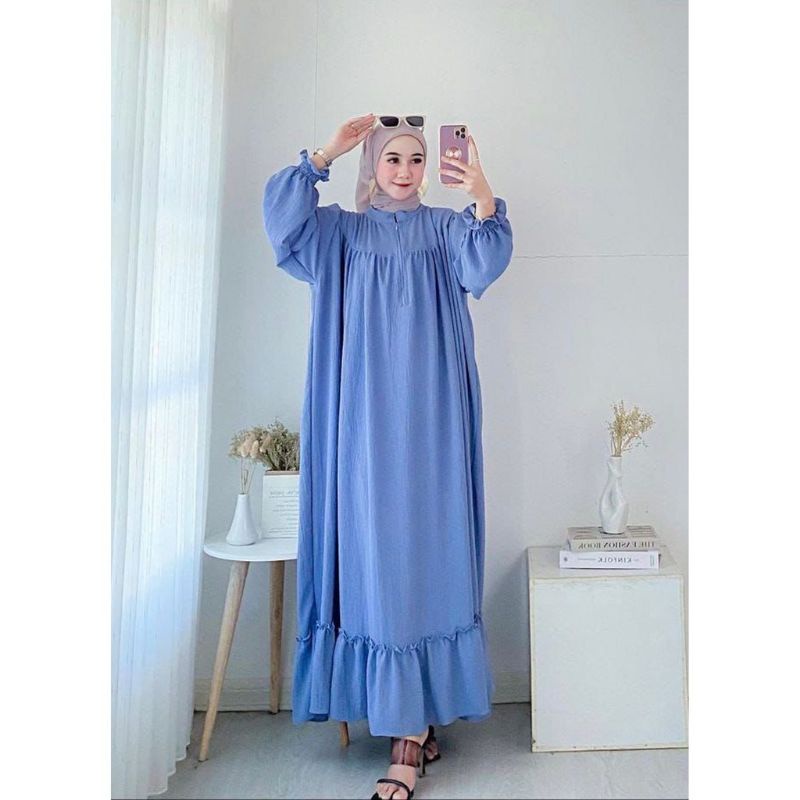 Gamis Shella Dress Lengan Panjang Resleting Depan gaun pesta Bahan Crinkle Airflow