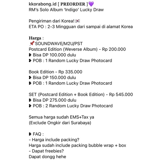[PELUNASAN] RM’s Single Solo Album INDIGO LUCKY DRAW