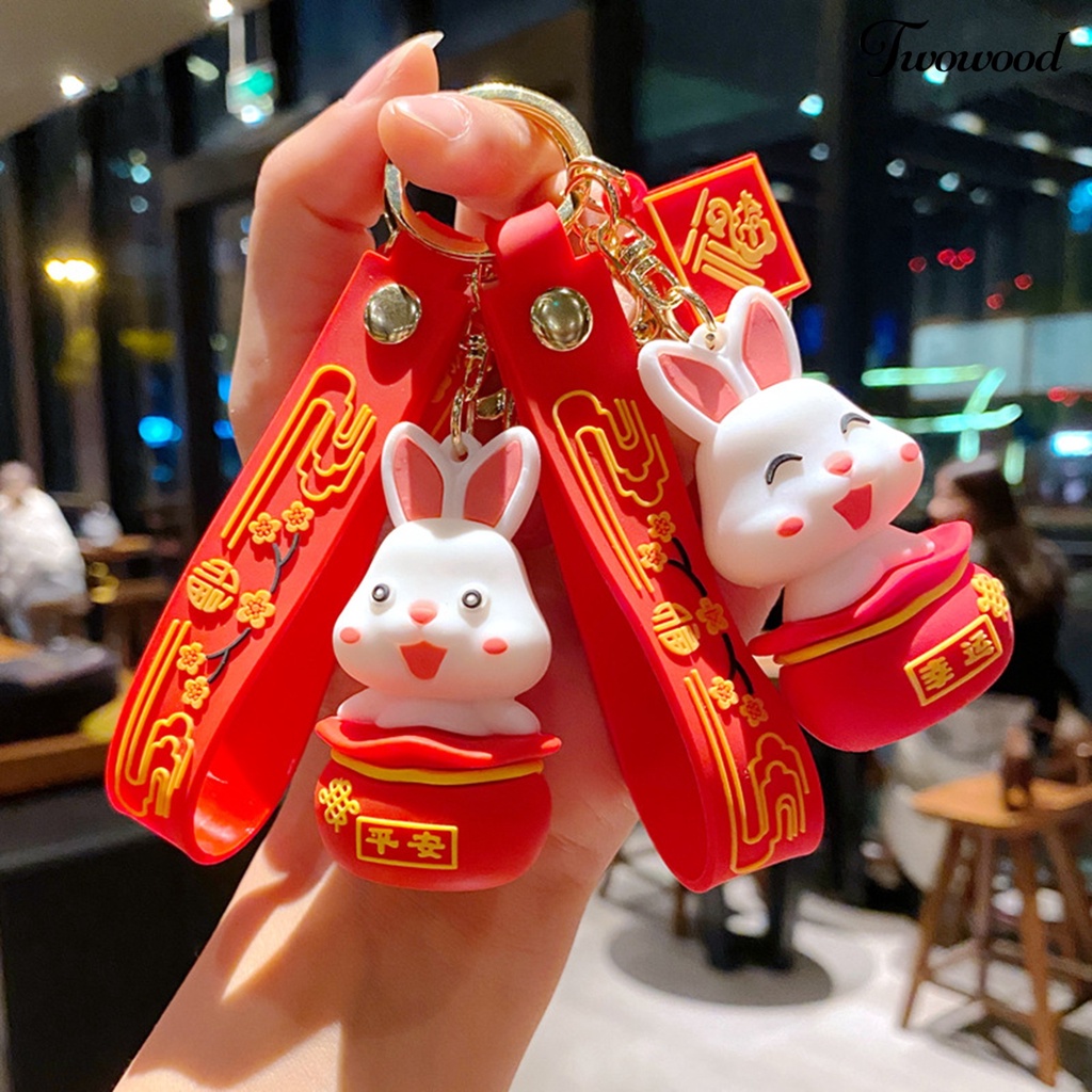 Twowood Rabbit Key Chain New Year Zodiak Maskot Harapan Terbaik Merah Hias Motif Bunga Tas Sekolah Bunny Key Pendant Hadiah