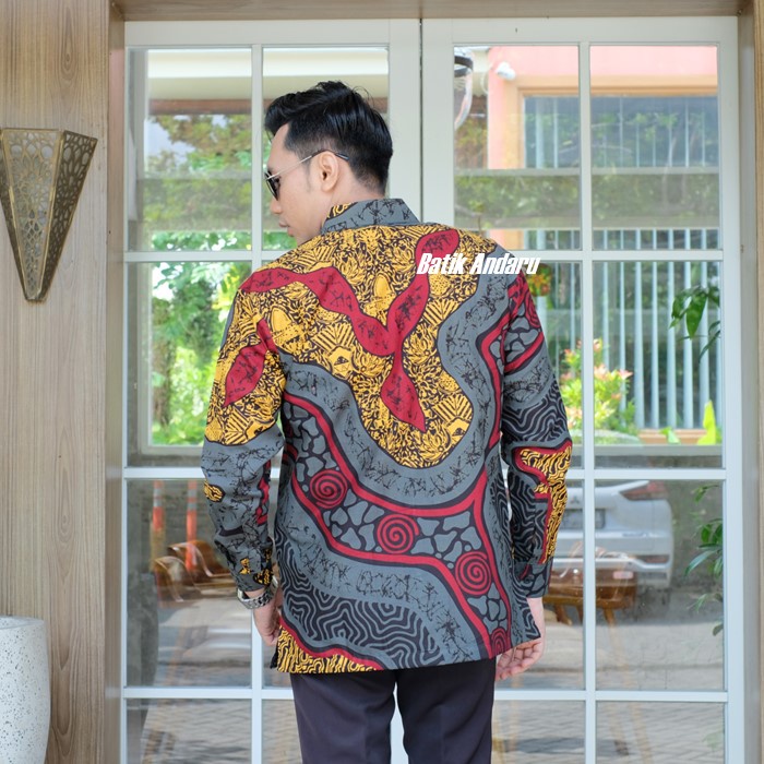 Baju Kemaja Batik Pria Lengan Panjang Modern Elegant Heem Premium Bahan Katun Primisima Warna Abu Abu