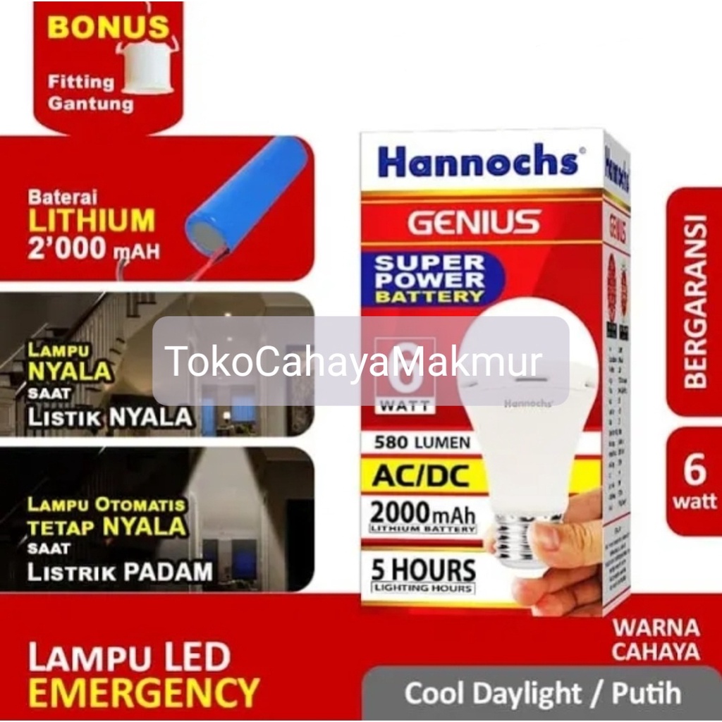 Lampu Emergency LED AC/DC Genius 6w 6watt Hannochs