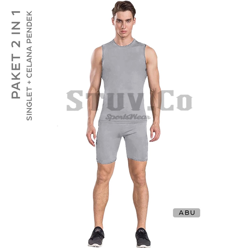 PAKET 2IN1 BASELAYER SLEEVELESS TANPA LENGAN CELANA PENDEK BASELAYER DALEMAN GYM FITNESS OLAHRAGA