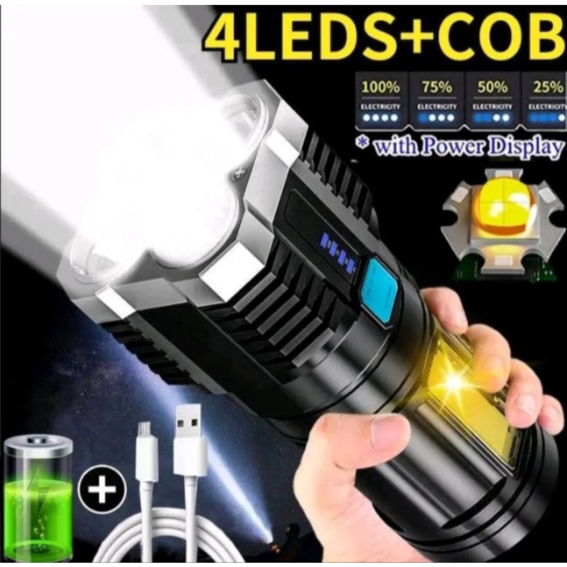 Senter Cas 4 LED+COB IPX4 super terang Tahan 24 Jam Untuk Emergency Mati Lampu