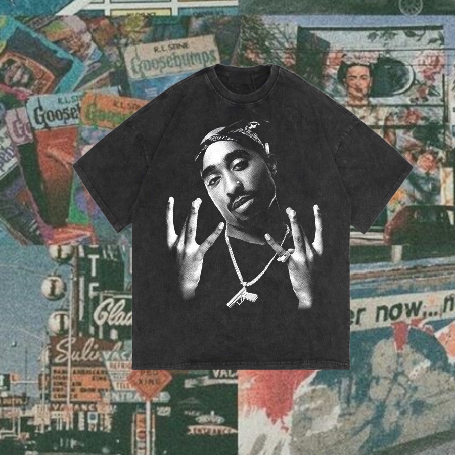 Ossu Official "Tupac Face" Reguler T-Shirt | Stone Wash | Black | White | Kaos Rapper Tupac Face | K