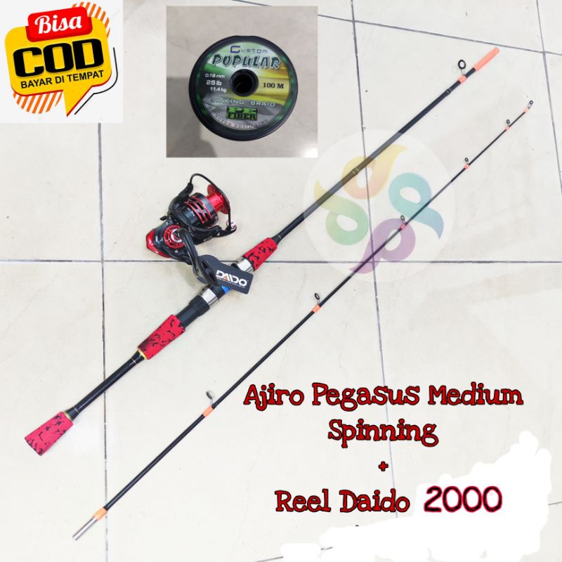 satu set Joran Spinning mendium Ajiro Pegasus 180 cm reel besi daido 2000 bonus senar PE 50 M