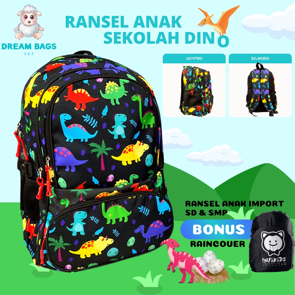 Tas Anak Sekolah SD SMP Dinosaurus Import Ransel Anak Laki