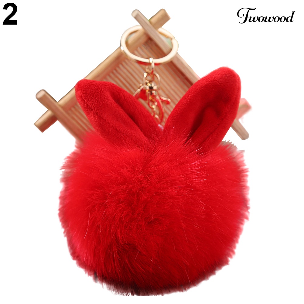 Twowood Cute Faux Fur Rabbit Ear Lembut Pom Pom Ball Kunci Gantungan Rantai Keychain Tas Decor