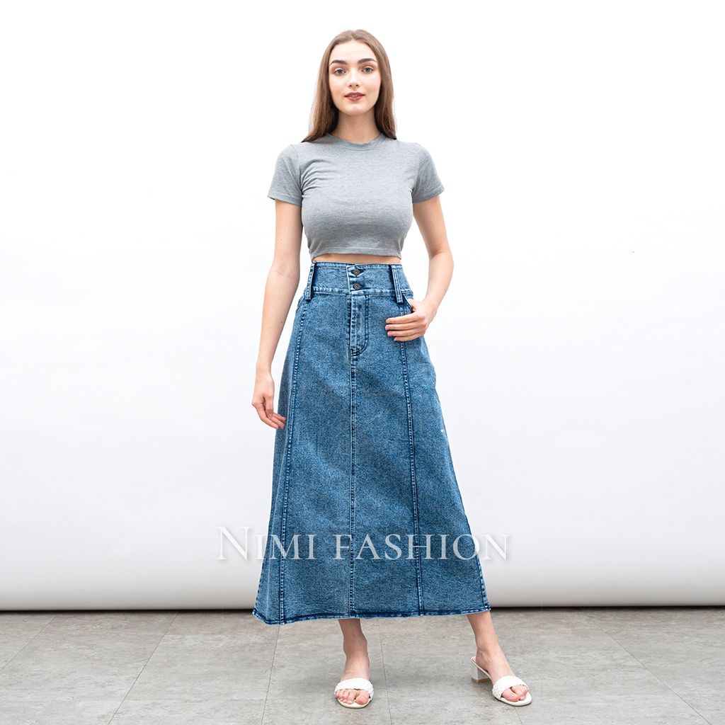 NIMI - Rok Jeans Stretch Panjang Wanita Rok Jeans Highwaist Premium