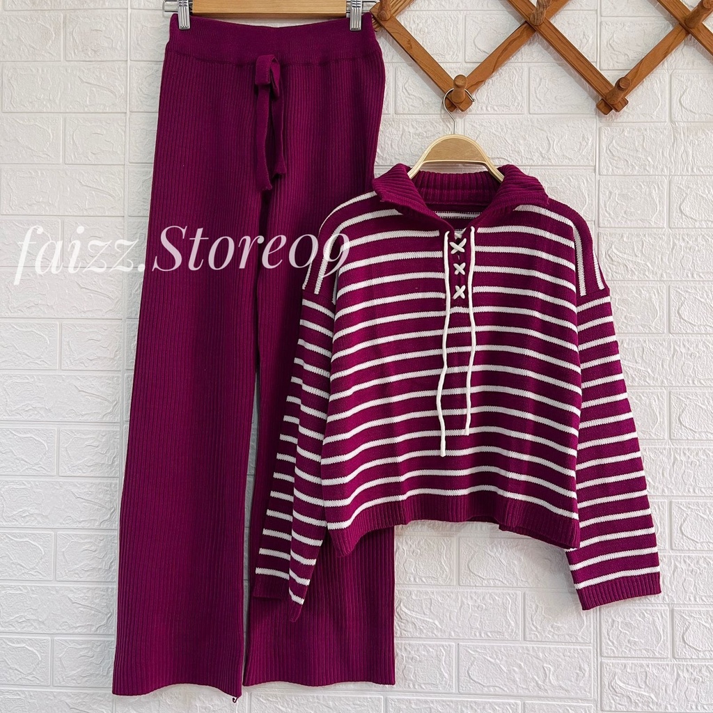 ONESET SWETER RAJUT TINY STIRIPPY SETELAN CELANA KULOT