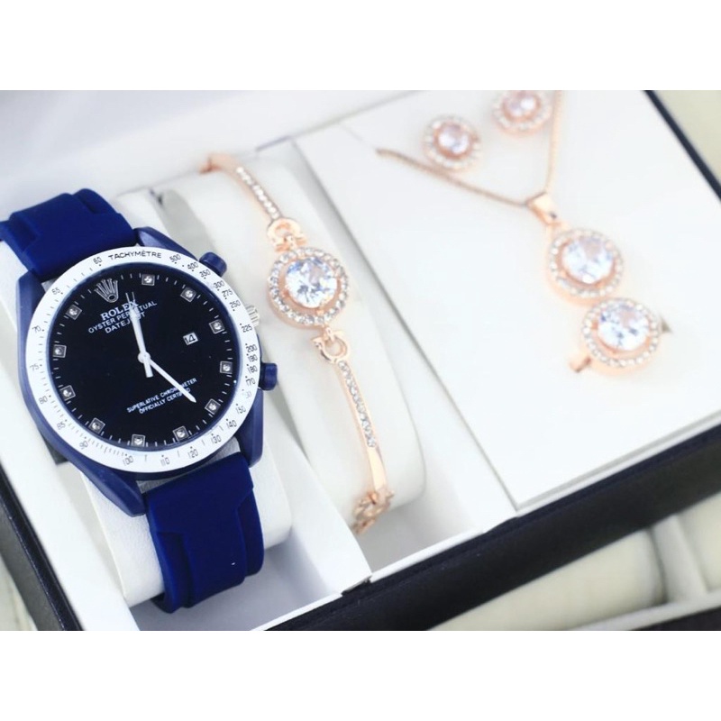 READYCOD✅ JAM TANGAN WANITA CEWEK ROLEX SET ANTING KALUNG CINCIN GELANG KADO SET GIFTSET