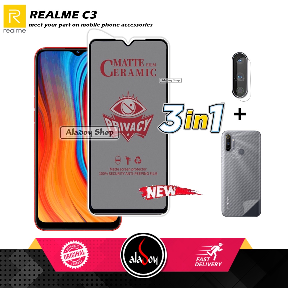 Tempered Glass Anti SPY Realme C3 Anti Gores Privacy + Tempered Glass kamera dan Skin Carbon