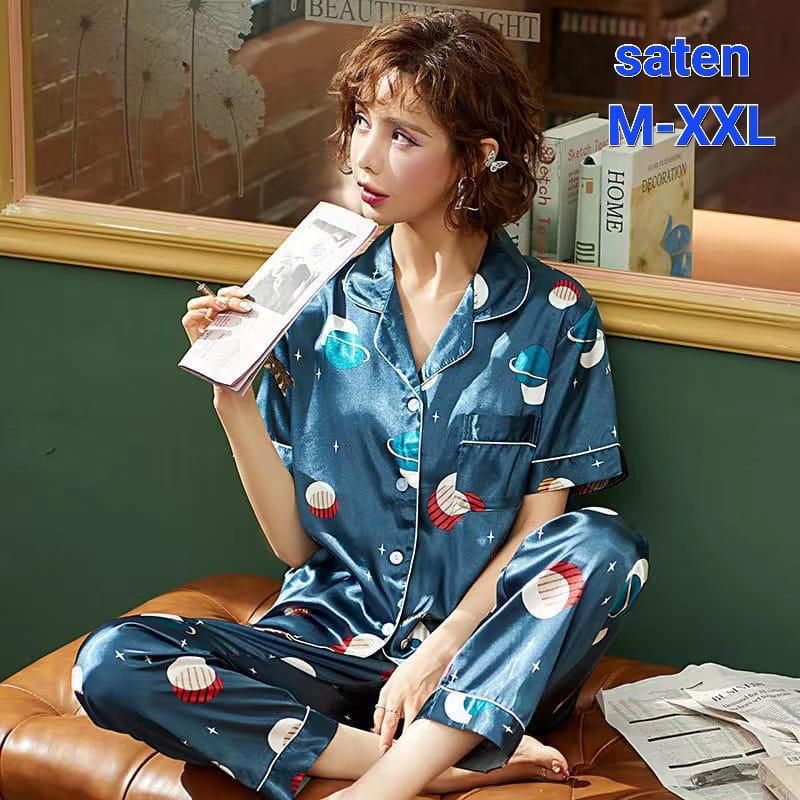 Baju tidur wanita saten import / Stelan CP piyama wanita satin kancing