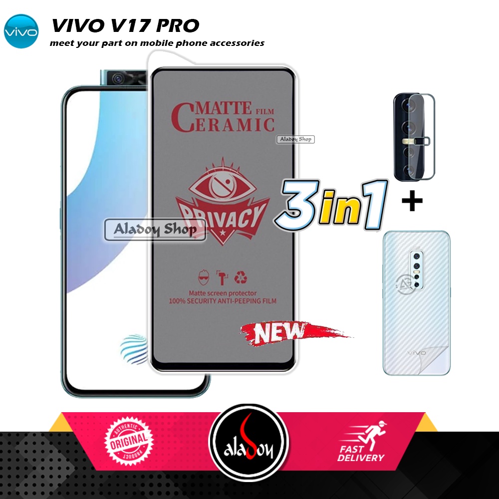 Tempered Glass Anti SPY Vivo V17 Pro  Anti Gores Privacy + Tempered Glass kamera dan Skin Carbon