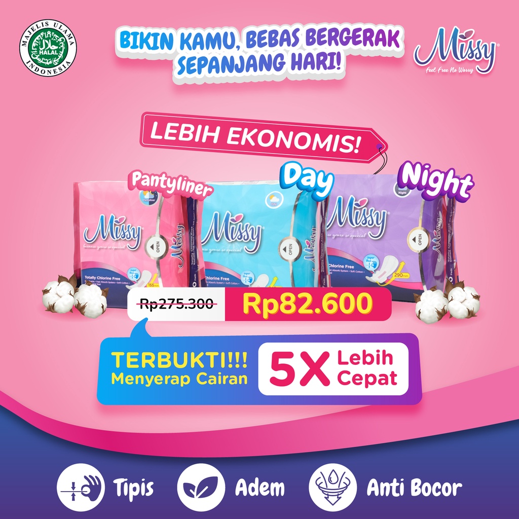 Paket Hemat Pembalut MISSY PANTYLINER, DAY dan NIGHT | Pembalut dan Pantyliner HERBAL Kesehatan  Wanita | Non Wings dan Wings | Perawatan Miss V Menstrual Pad Menstruasi | Anti Bacterial Jamur Virus | Anti Bocor