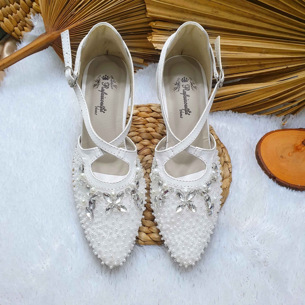 sepatu wedding pesta cantik hasya putih tali hak 7cm kaca