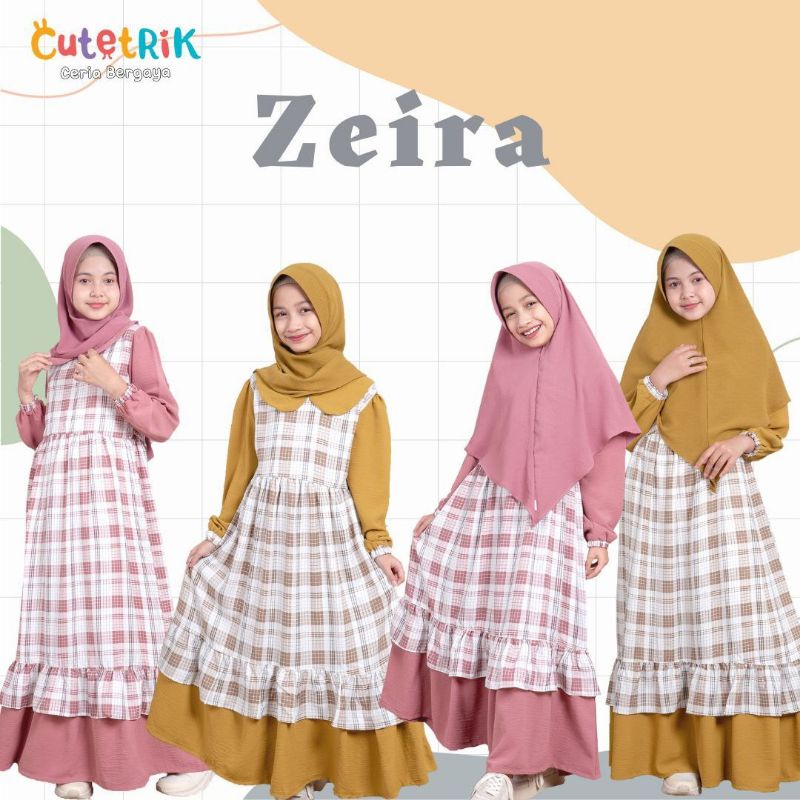 Zeira Gamis Cutetrik Warna Pink dan Lemon Baju Muslim Anak Cewek Set Jilbab Syari Motif Kotak Kotak 