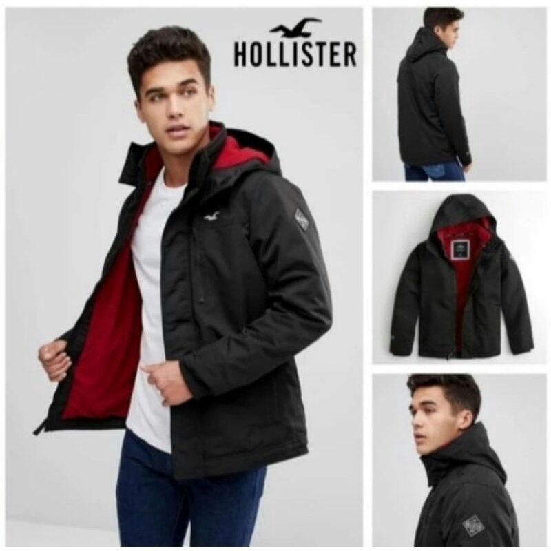 JACKET PRIA HOLLISTER ALL WEATHER FLEECE LINED BLACK JAKET MUSIM DINGIN JAKET TRAVELING HOODIE