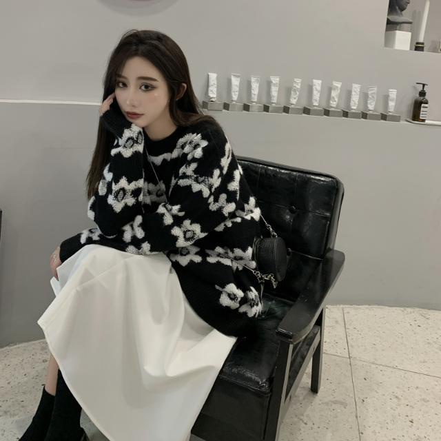 Suhao Malas Angin Bunga Pullover Sweater Wanita Musim Gugur Setelan Jas Longgar Fashion All-Match Sweater Lengan Panjang top Trendi