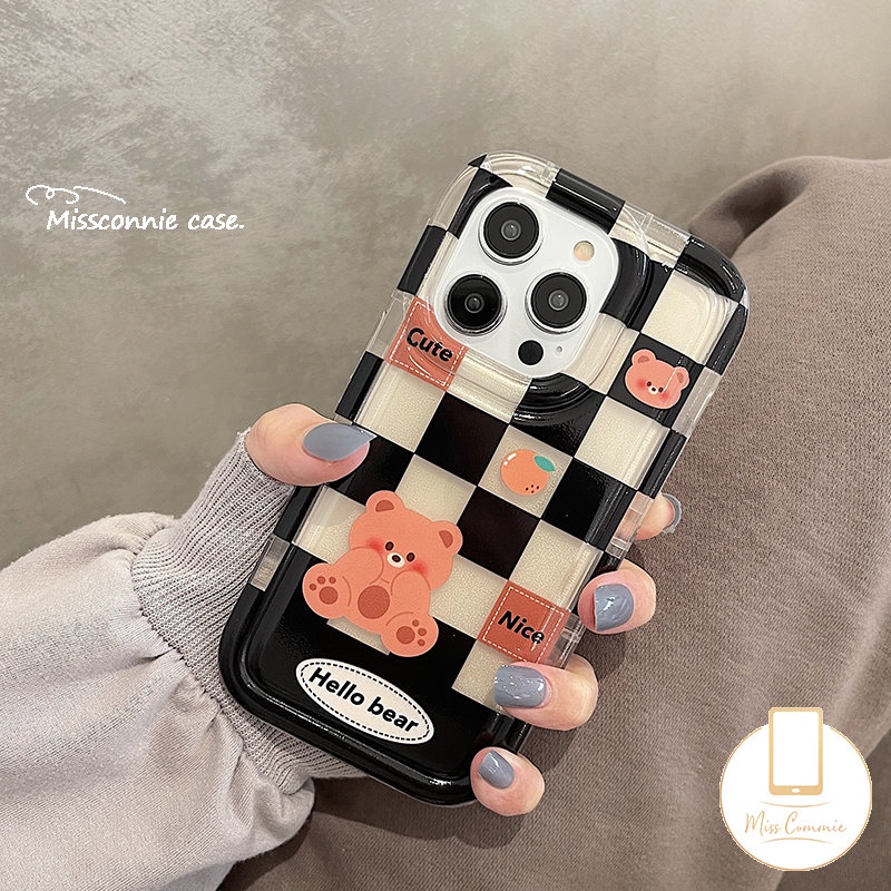 Casing Couple Case Kompatibel Untuk iPhone 7Plus 8Plus XR 11 14 13 12 Pro MAX 7 8 6 6S Plus X XS MAX Kotak-Kotak Beruang Lucu Kelinci Shockproof Airbag Soft TPU Lovers Phone Case