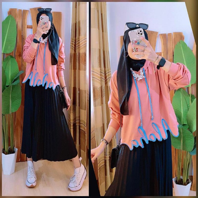 Aloha Hoodie, ATASAN HOODIE WANITA JUMBO CANTIK MODIS FIT XXXL LD 120-134 BAHAN BABYTERRY IMPORT TERMURAH OOTD TERLARIS