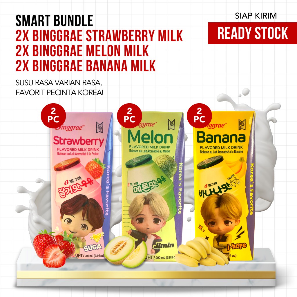 Bundle 6 - Susu Stroberi(2)/Melon(2)/Pisang(2) - Binggrae @ 200 ml