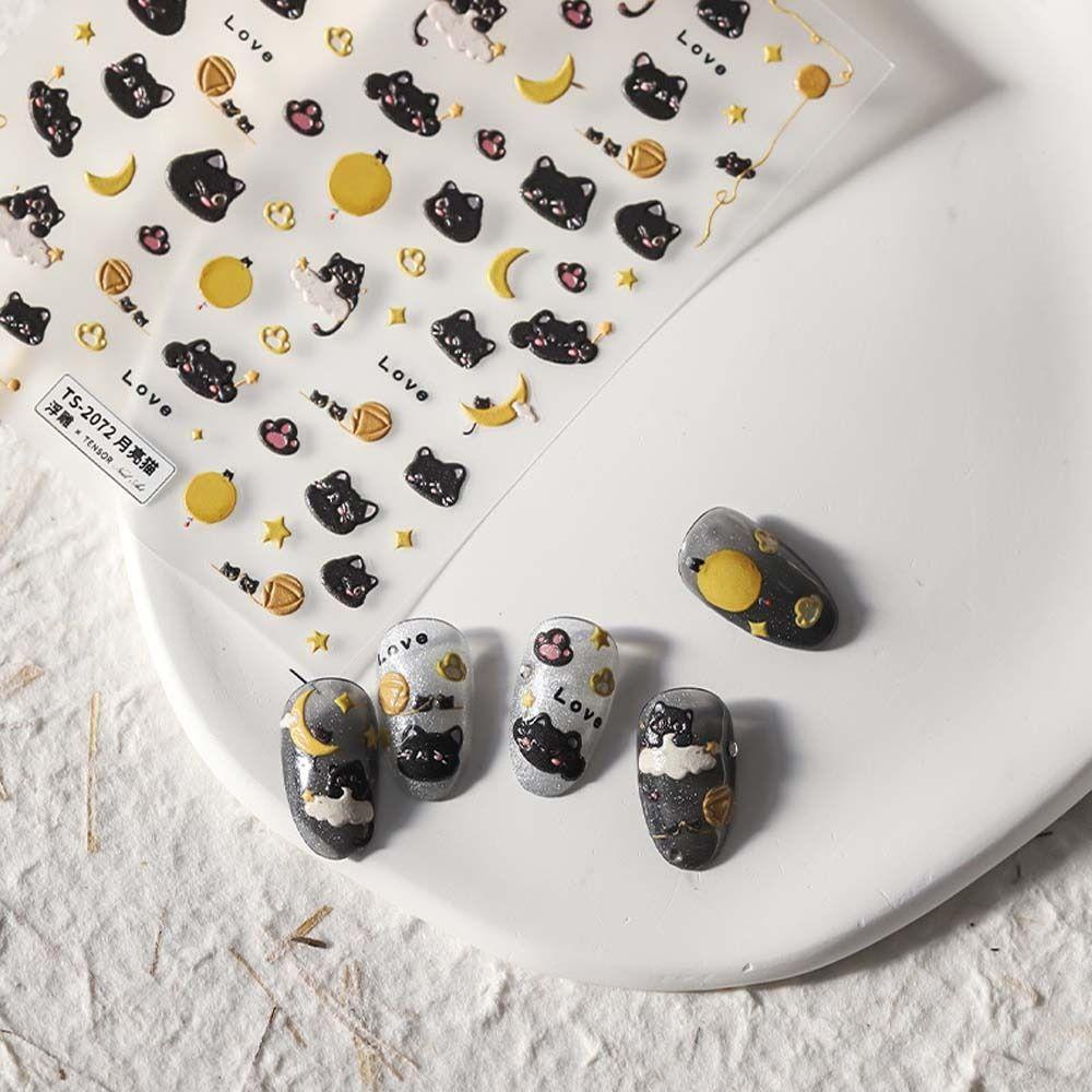 AUGUSTINA Agustina Kartun Stiker Kuku 3D Relief Perekat Diri Hewan Bulan Kucing Korea Nail Art Nail Art Dekorasi