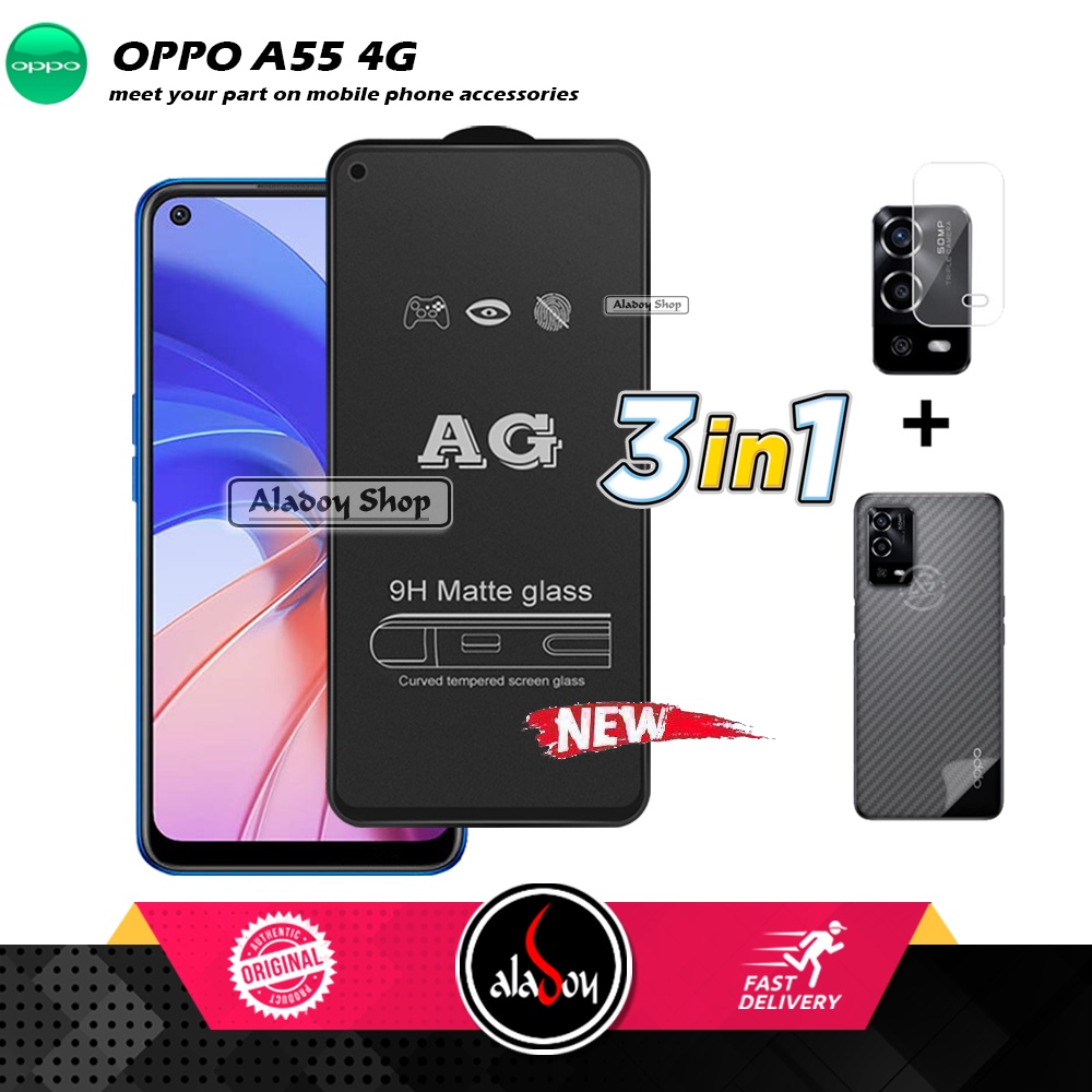 Paket 3IN1 Tempered Glass Layar Matte Anti Glare Oppo A55 4G Free Tempered Glass Camera dan Skin Carbon