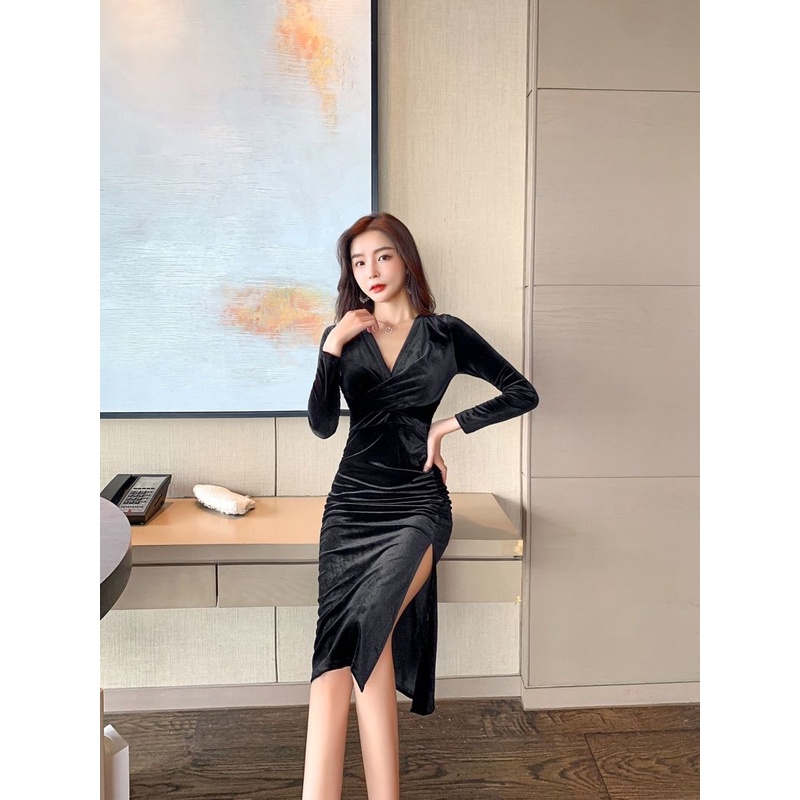 DR806  Dress IMPORT WANITA BELUDRU EMAS TERBARU 2023 WANITA BARU TEMPERAMEN SLIM PINGGANG V-LEHER RETRO GAYA BARAT ROK A LINE