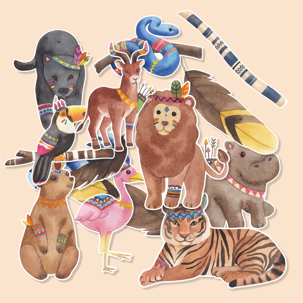 

( 50 pcs ) Small TRIBAL ANIMAL-watercolor/random stiker satuan/murah