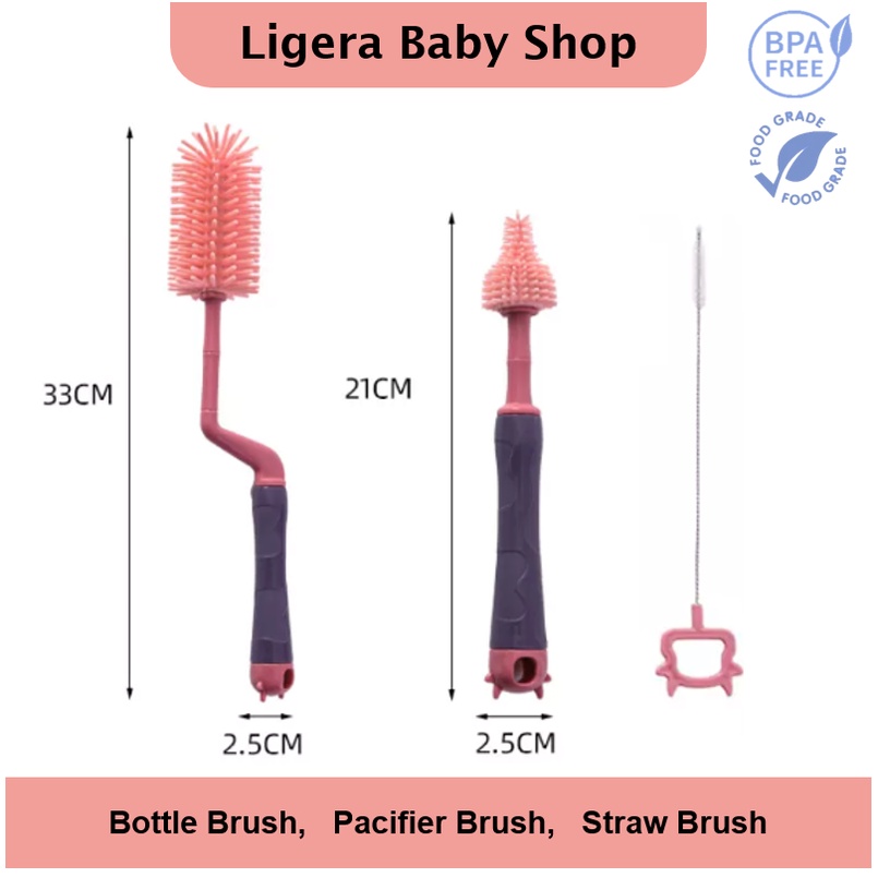 Sikat Silikon Set 3in1 Bottle Nipple Straw Brushes / 2in1 Sikat Busa Sponge Botol Dot Susu Bayi 360 Degree Brush