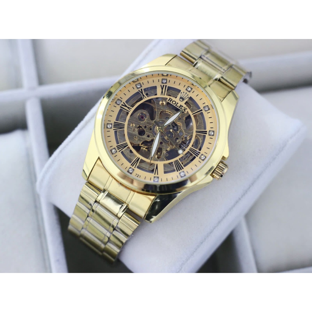 Jam Tangan Automatic Rolex Strap Rantai Stainless Silver Kombinasi Gold Hitam Otomatis Tanpa Batrai