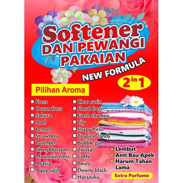 Softener / Pelembut  dan Pewangi Pakaian aneka aroma wangi segar kemasan jurigen 1 liter