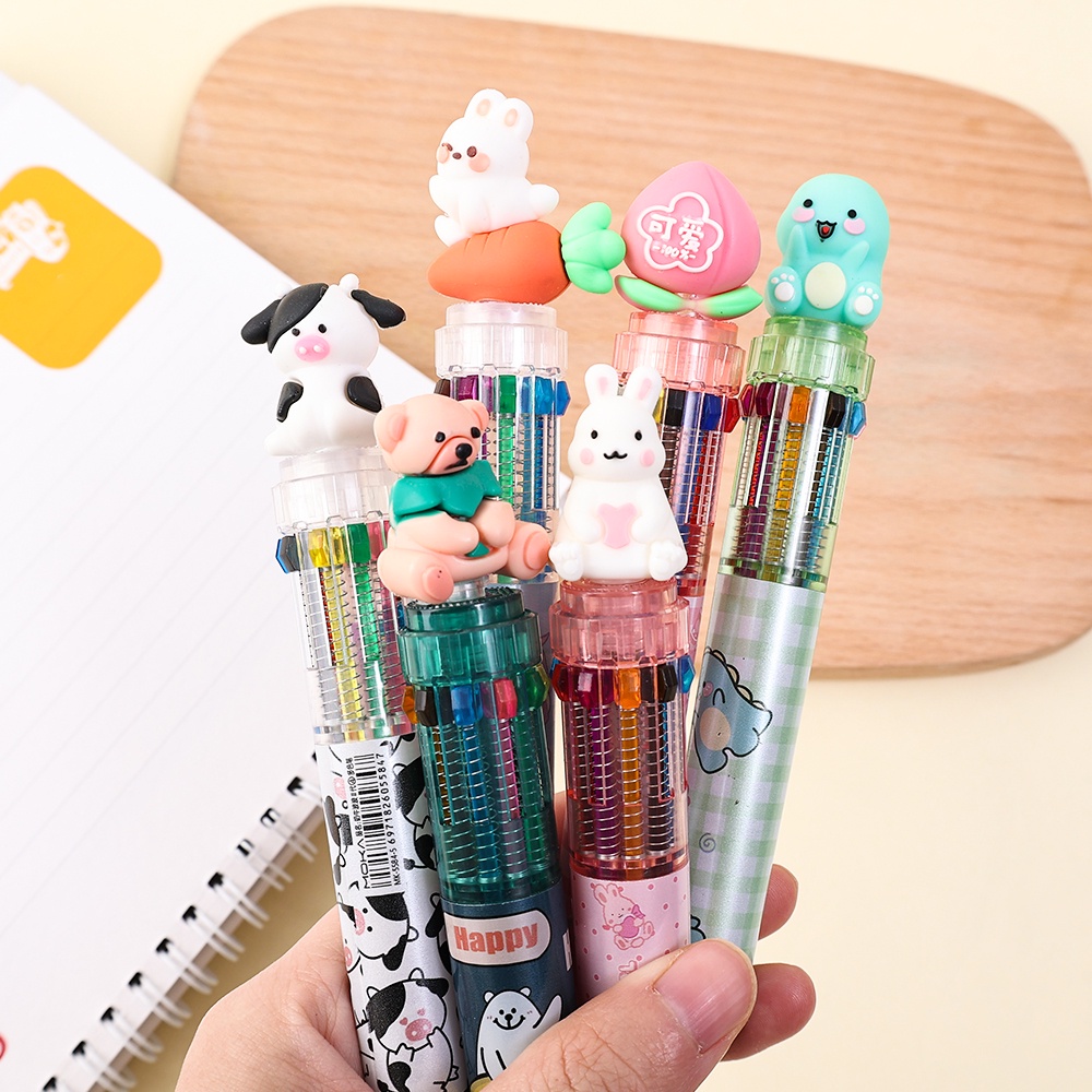 Pulpen Bolpoin Multi Warna Kantor Hadiah Acak 10warna Animal Serba-Satu Plastik Sekolah Isi Ulang Alat Tulis Warna-Warni Rollerball Pen Perlengkapan Lucu Kartun Kawaii Press Tulisan