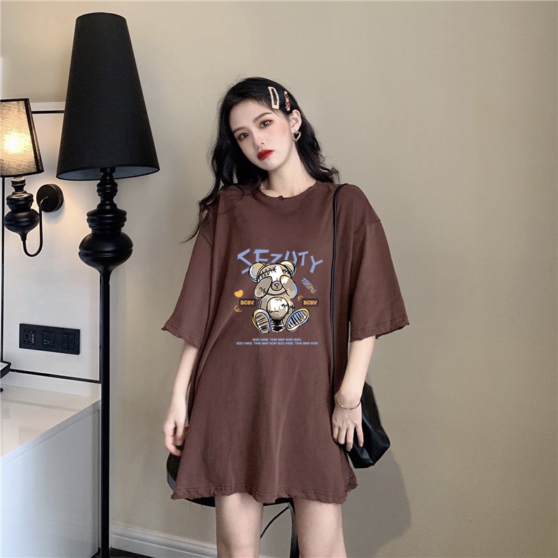 4 warna 100% Katun Graphic Tee Baju Wanita Cartoon Bear Atasan Wanita Oversize Kaos Putih T-shirt Couple Korean Style