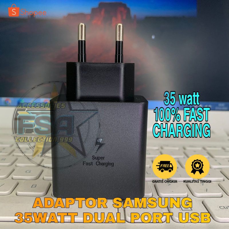 Original Power adapter/ Kepala Charger Samsung 35W Dual Usb PD 100% Fast Charging SAMSUNG A33 A53 M22 M51 A23 A52 A52S S10 S20 S21 FE A71 A72 A73 35 Watt