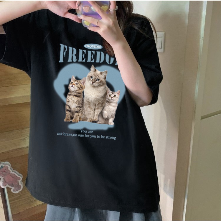 Cat Kaos Lengan Pendek Cream Atasan Wanita Oversize Printed T-shirt Kekinian Korean Style/atasan anak perempuan