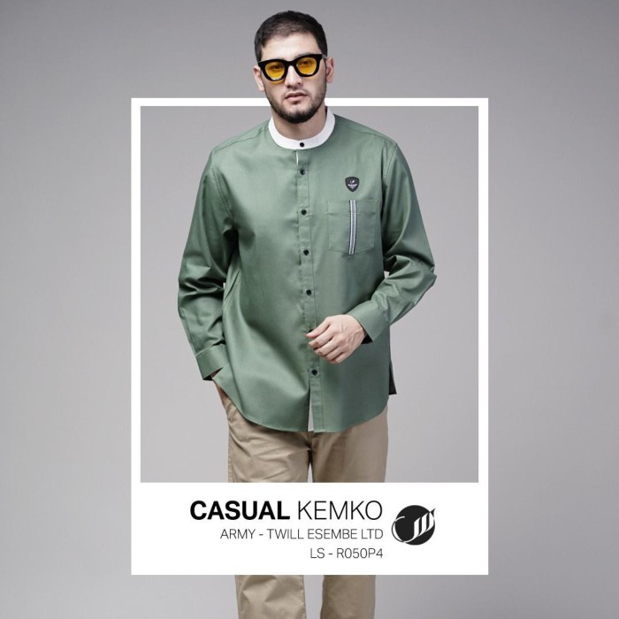 {FamilyStore} SAMASE Kemko Casual R050P Baju Kemeja Koko Pria Lengan Panjang Terbaru - Army S Limite