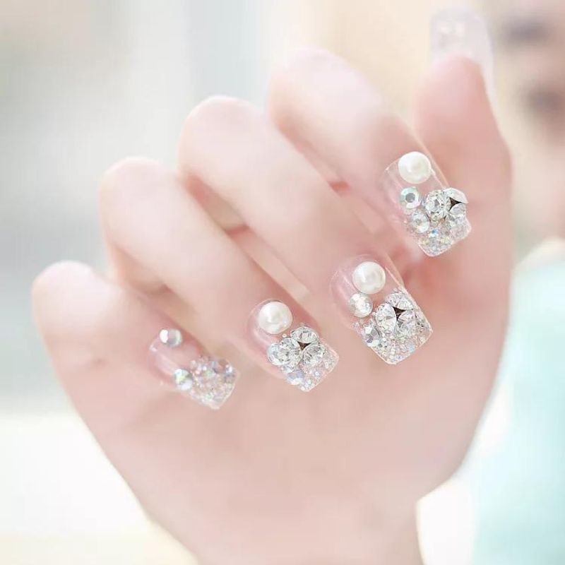 Wedding party fake nail Clear Rhinetone Flower Kuku Palsu 3D + LEM dibalik kuku