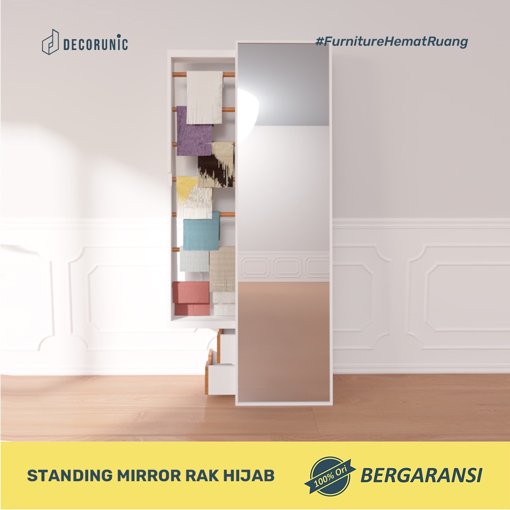 Decorunic Standing Mirror Cermin Full Body dengan Rak Hijab - Cermin Berdiri dengan Rak Penyimpanan 