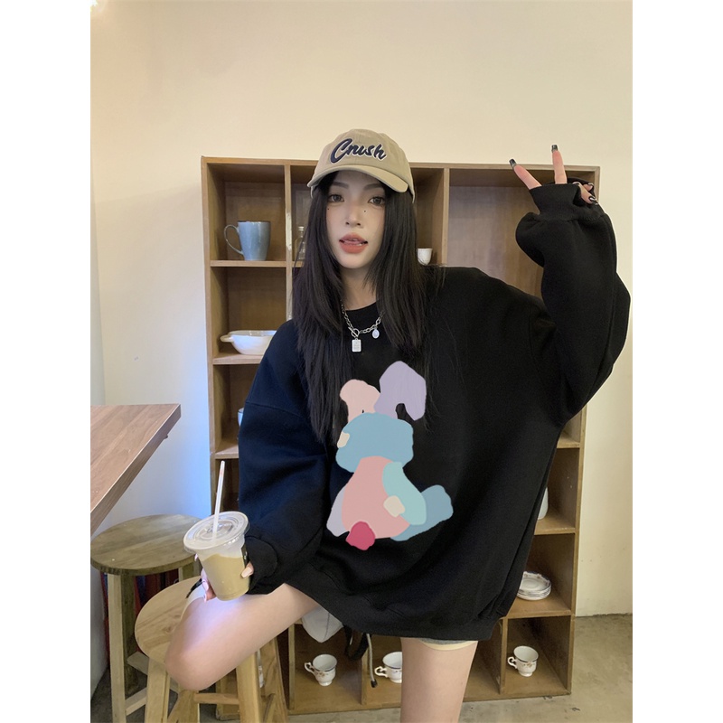 EUNII Sweater Lengan Panjang Cartoon Rainbow Bunny Korean Style/Sweater Crop/Baju Wanita/Switer Wanita/Switer