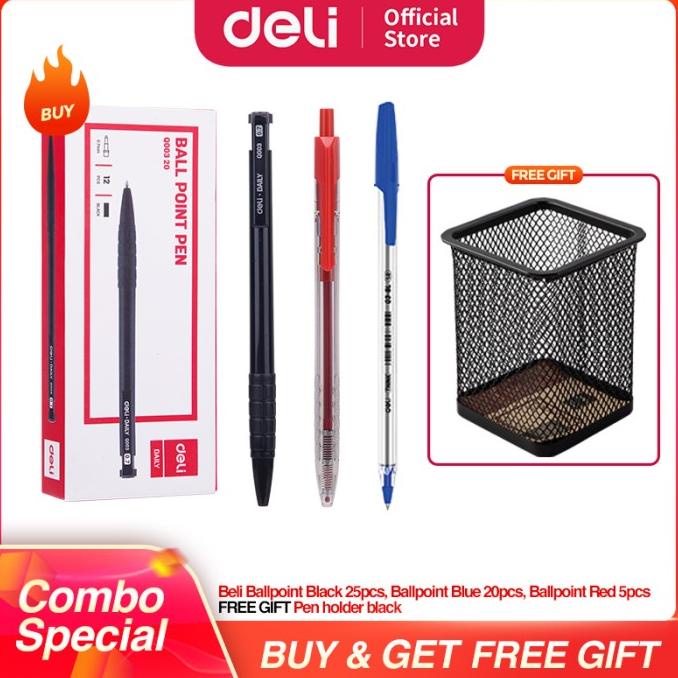 

DELI Paket Hemat 2 - Ballpoin Hitam,Biru,Merah 50pcs & Tempat Pulpen