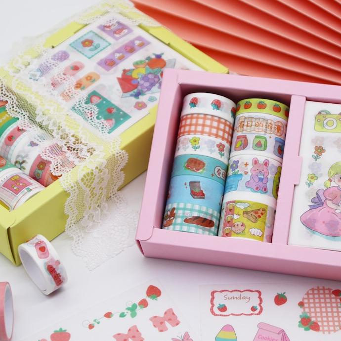 

Barang Baru Cute Girly Tape Sticker Set 10*10 Daily Manual Cute Pattern Decorative Tape Sticker Gift Box 3KD,