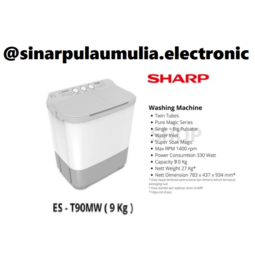 Sharp Mesin Cuci 2 Tabung Manual 9 KG [Anti-Bacterial] - ES-T90MW / ES T90MW / EST90MW / ES T 90 MW 
