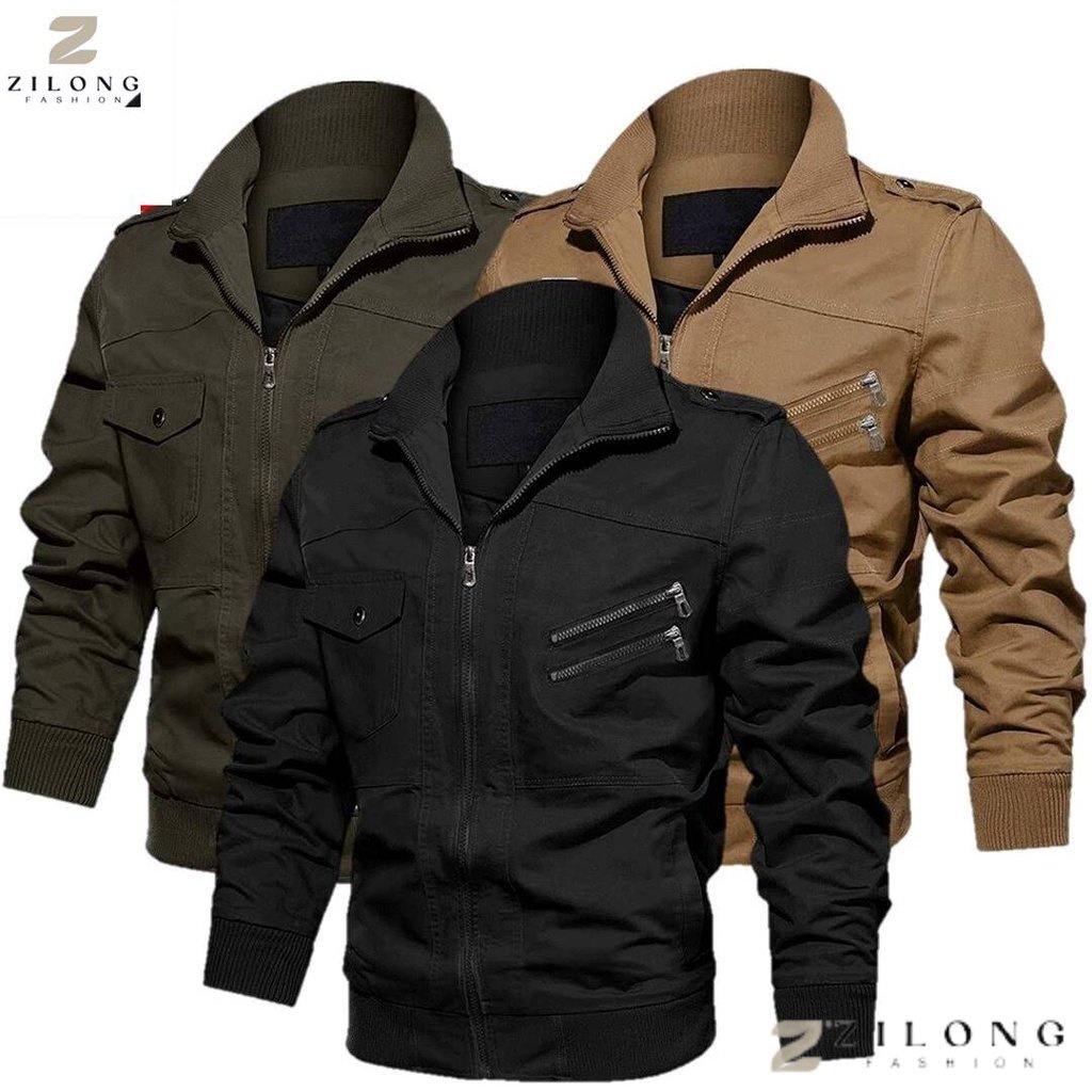 Zilong Clive - Jaket Pria Canvas Twill Original Warna Khaki Mmotif Lengan Panjang Jacket Outdoor Gun