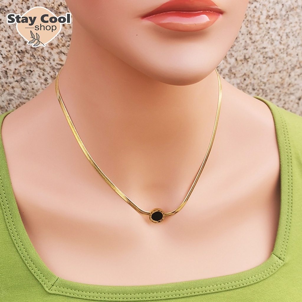 Perhiasan Wanita Terlaris - Kalung Titanium Asli Gepeng Liontin Bulat Hitam Anti Karat dan Luntur High Quality Import