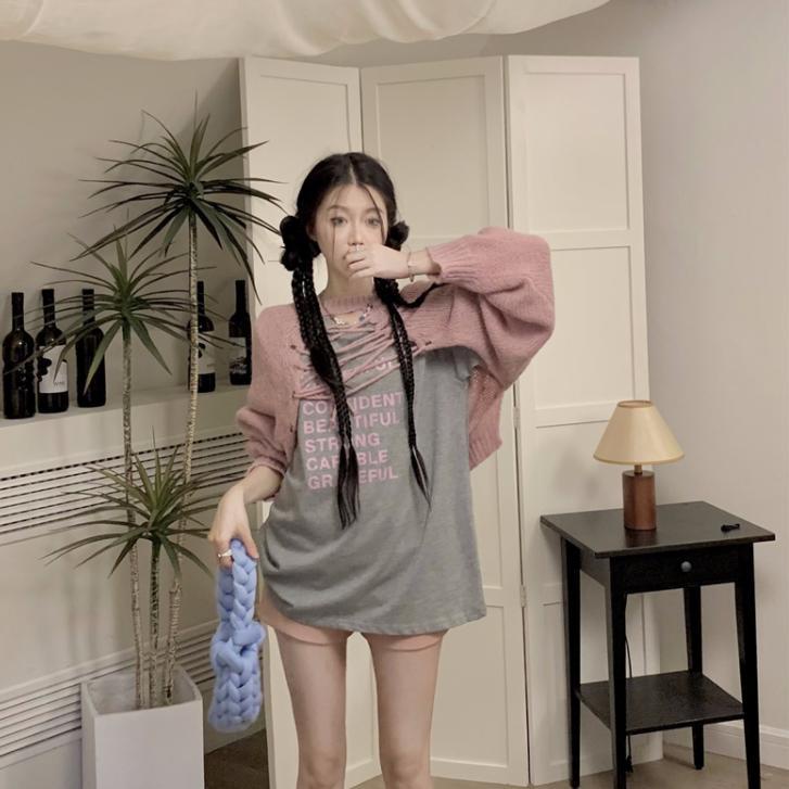 Suhao Pink Bertali Sweater Wanita Awal Musim Gugur Baru Rasa Desain Niche Lengan Panjang Longgar Pendek Sweater One-Piece Suit