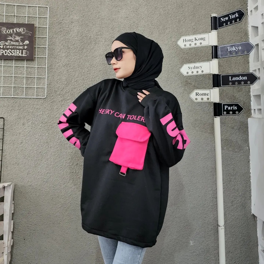 Jaket Sweater Hoodie Oversize Wanita HELLO POCKY PINK OVERSIZE Korean Style